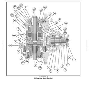 May include: Detailed diagram of a rear axle system, showcasing a bevel gear set and differential. The illustration is labeled with numbered components for identification, including torque converters and direct drive elements. The image is a technical drawing.