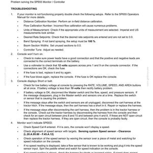 May include: A technical document titled Field Processing - Spraying, Electronic control - Problem solving (L.20.A.92 - G.40.A.30). The text provides troubleshooting steps for the SP655 Monitor and Controller, including power, battery, and sensor issues.