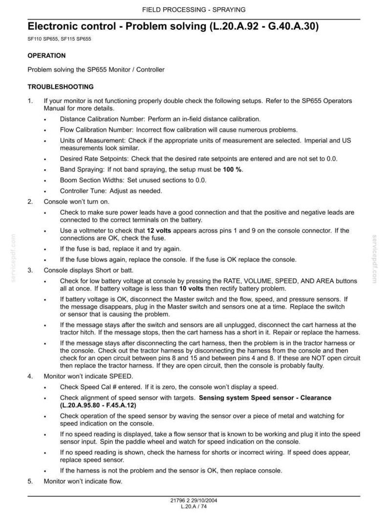 May include: A technical document titled Field Processing - Spraying, Electronic control - Problem solving (L.20.A.92 - G.40.A.30). The text provides troubleshooting steps for the SP655 Monitor and Controller, including power, battery, and sensor issues.