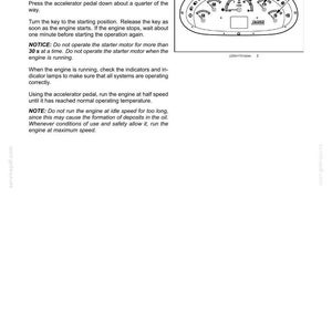 May include: Page from an operating instructions manual. The text describes how to start an engine, including turning the key, pressing the accelerator, and checking gauges. A diagram of the dashboard is included.