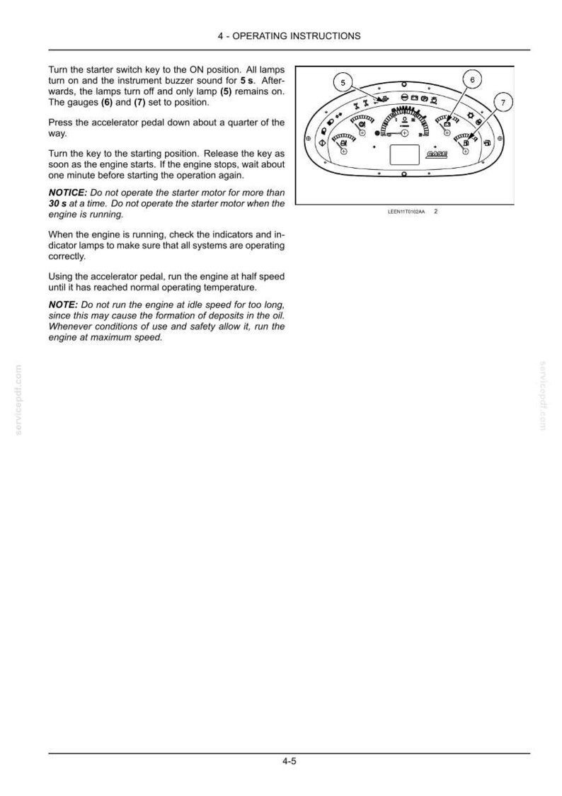 May include: Page from an operating instructions manual. The text describes how to start an engine, including turning the key, pressing the accelerator, and checking gauges. A diagram of the dashboard is included.