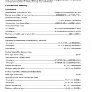 May include: A technical document titled "16A-06 CYLINDER BLOCK ASSEMBLY" with data and dimensions for engine overhauls. Includes measurements in mm and inches, detailing cylinder block specifications, bore diameters, and surface finishes.