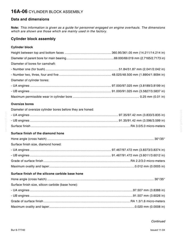 May include: A technical document titled "16A-06 CYLINDER BLOCK ASSEMBLY" with data and dimensions for engine overhauls. Includes measurements in mm and inches, detailing cylinder block specifications, bore diameters, and surface finishes.