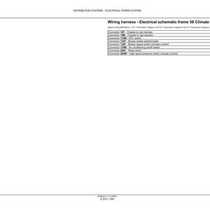 May include: A white page with text detailing a wiring harness electrical schematic for frame 58 climate control. The text includes connector descriptions and functions, such as "Chassis to cab harness" and "ATC switch."