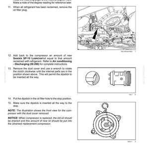 May include: Diagram of an air conditioning compressor with instructions for maintenance. Includes illustrations of components, such as a dipstick and oil filler hole, and text detailing steps for servicing the system.