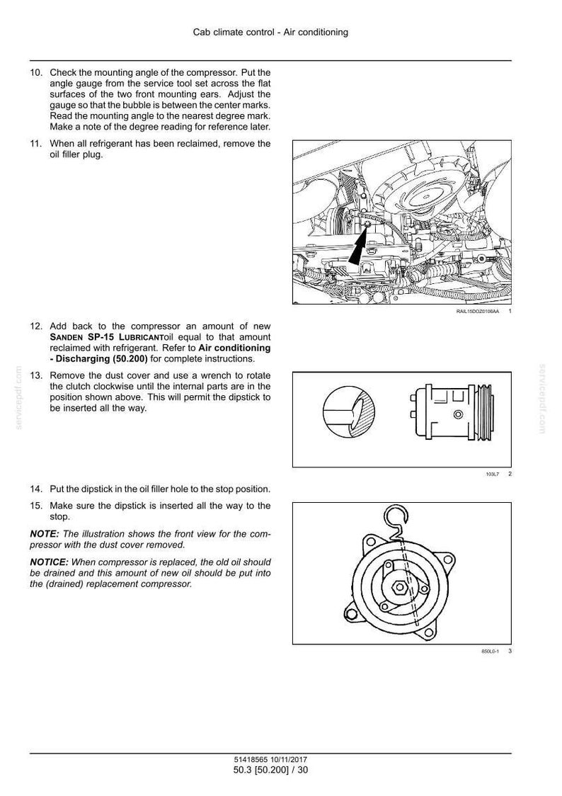 May include: Diagram of an air conditioning compressor with instructions for maintenance. Includes illustrations of components, such as a dipstick and oil filler hole, and text detailing steps for servicing the system.