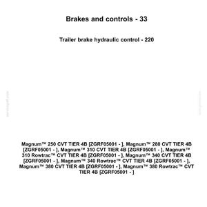 May include: White document with the Case IH Agriculture logo and text. The document details "Brakes and controls - 33" and "Trailer brake hydraulic control - 220." Lists Magnum CVT TIER 4B models and their specifications.