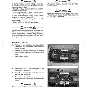 May include: A page from a manual with safety warnings and instructions for replacing a car battery. The text includes warnings about explosion risks and instructions for disconnecting and connecting cables. Diagrams show the battery components.