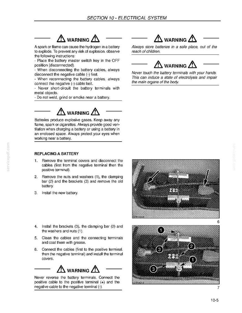 May include: A page from a manual with safety warnings and instructions for replacing a car battery. The text includes warnings about explosion risks and instructions for disconnecting and connecting cables. Diagrams show the battery components.