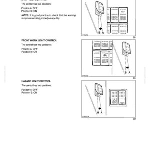 May include: Diagram of vehicle control panel with labels for lamp test, front work light, and hazard light controls. Each control has two positions, A and B, with corresponding text descriptions.