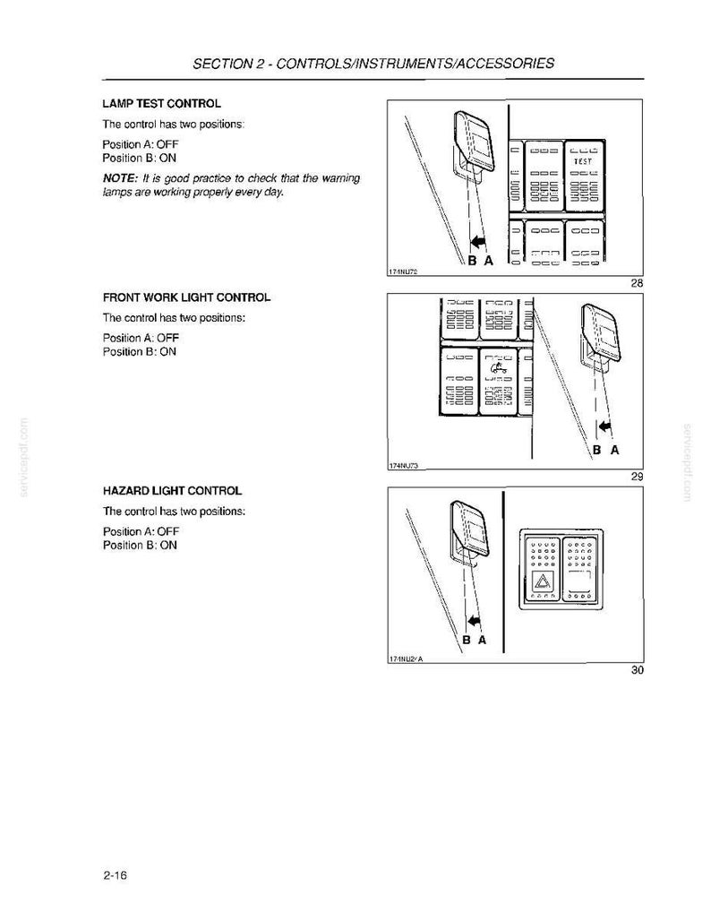 May include: Diagram of vehicle control panel with labels for lamp test, front work light, and hazard light controls. Each control has two positions, A and B, with corresponding text descriptions.