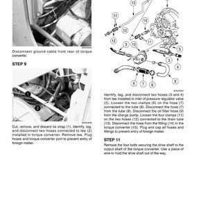 May include: Diagram of automotive repair steps, including disconnecting hoses, clamps, and cables. Text instructions accompany the illustrations, detailing procedures for the torque converter and related components. The image is in black and white.
