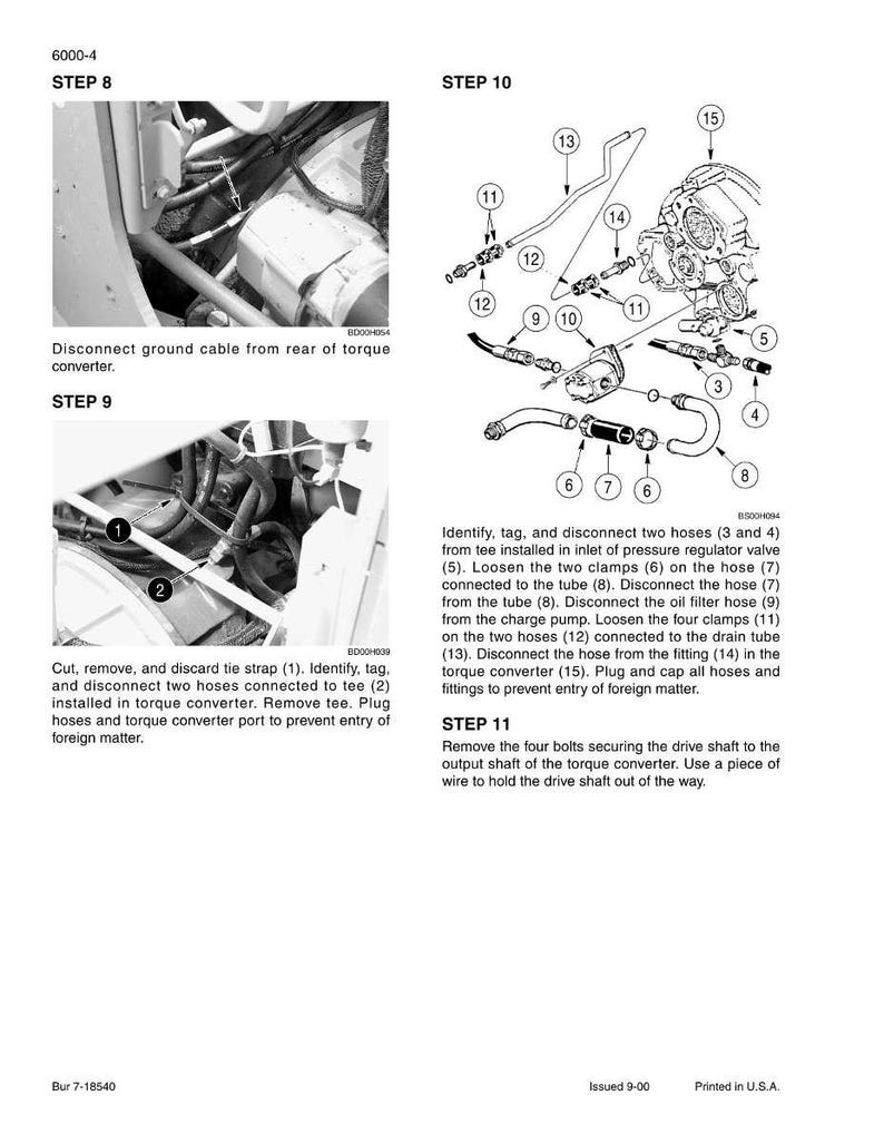 May include: Diagram of automotive repair steps, including disconnecting hoses, clamps, and cables. Text instructions accompany the illustrations, detailing procedures for the torque converter and related components. The image is in black and white.