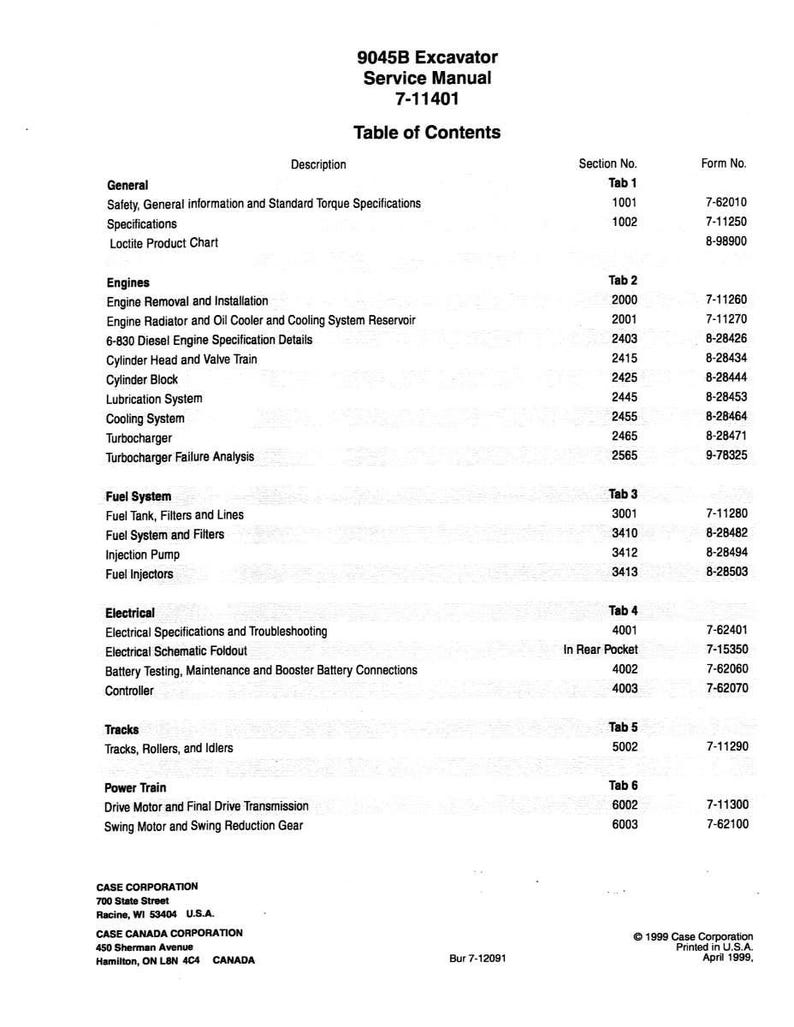 May include: A service manual for the 9045B Excavator, featuring a table of contents with sections on engines, fuel systems, electrical components, and more. The manual includes specifications and troubleshooting guides.