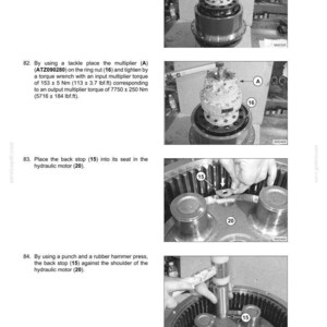 May include: A technical manual page titled Travel Device showing four black and white instructional steps for mechanical assembly. It features a torque multiplier, a ring nut, a back stop, and a hydraulic motor with specific torque values in Nm and lbf.ft.