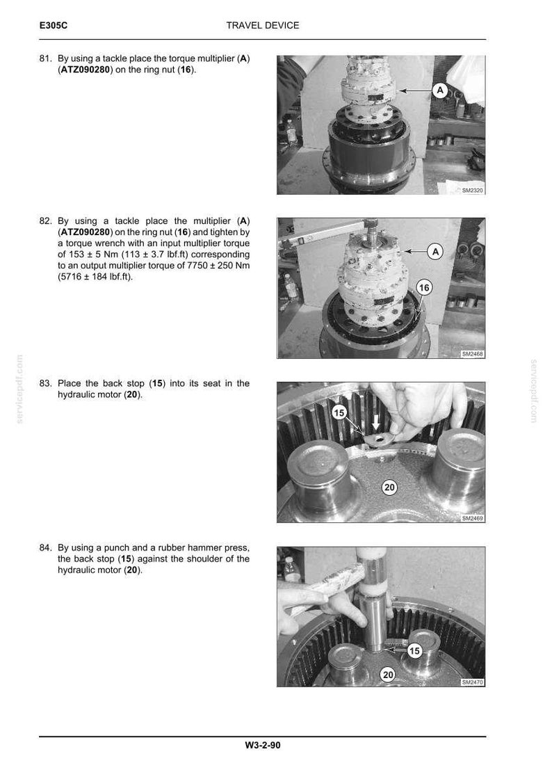 May include: A technical manual page titled Travel Device showing four black and white instructional steps for mechanical assembly. It features a torque multiplier, a ring nut, a back stop, and a hydraulic motor with specific torque values in Nm and lbf.ft.