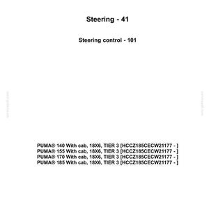 May include: A document with the "CASE IH AGRICULTURE" logo, featuring text about steering and PUMA tractor models. The document lists specifications for PUMA 140, 155, 170, and 185 models, including cab, gear, and tier information.