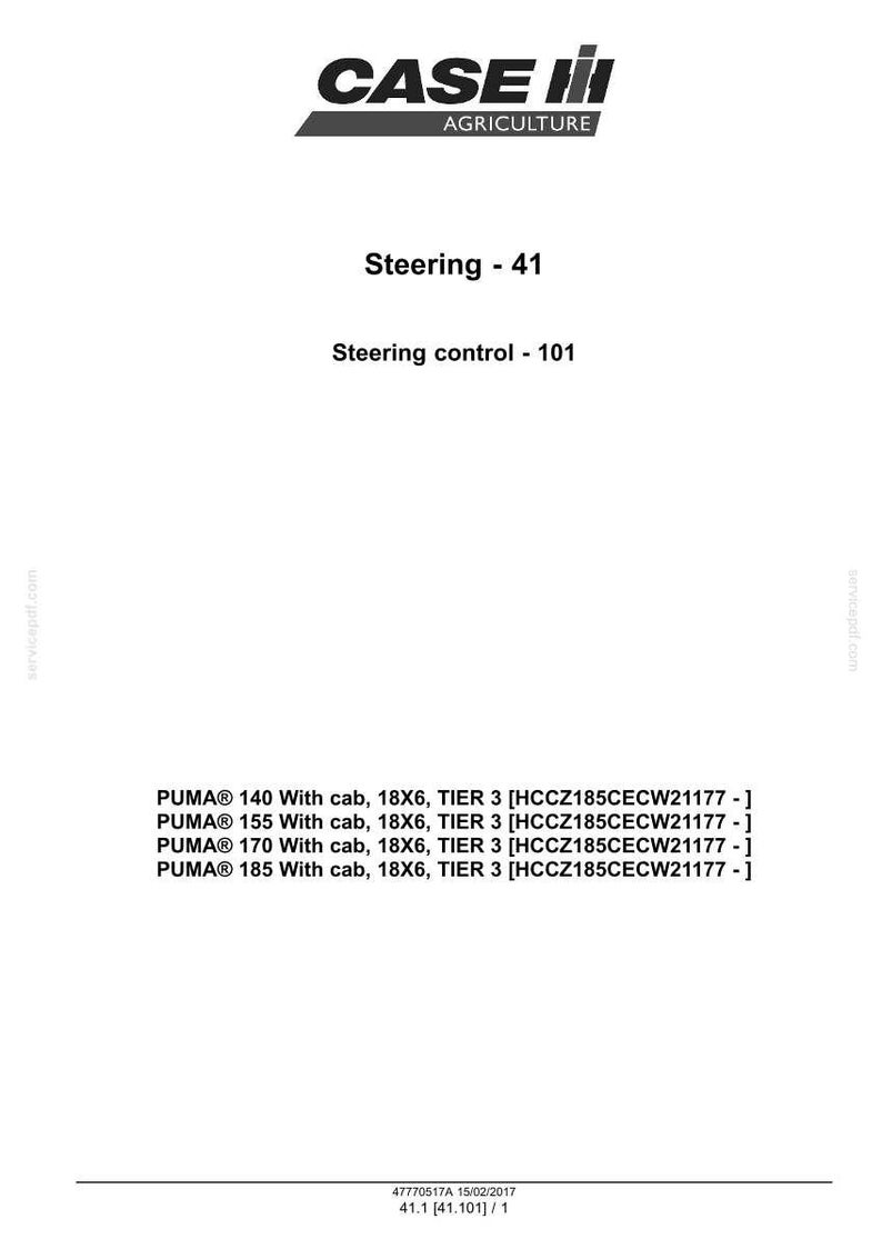 May include: A document with the "CASE IH AGRICULTURE" logo, featuring text about steering and PUMA tractor models. The document lists specifications for PUMA 140, 155, 170, and 185 models, including cab, gear, and tier information.