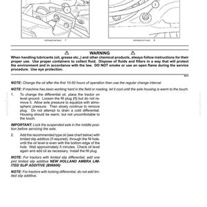 Op de afbeelding: Een pagina uit een technisch handboek getiteld MAINTENANCE - 7, met twee zwart-wit lijntekeningen die de locatie van de vulplug en aftapplug op een tractoras tonen, vergezeld van veiligheidswaarschuwingen en instructies voor het verversen van olie.