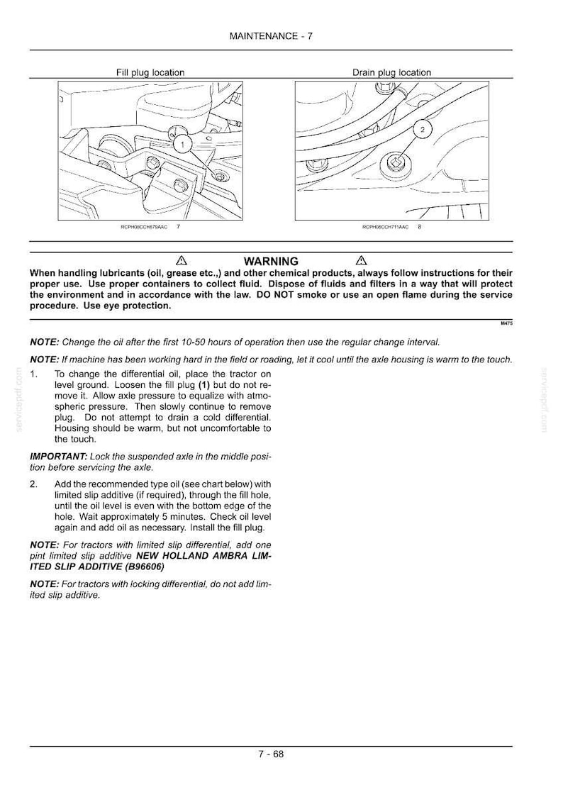 Op de afbeelding: Een pagina uit een technisch handboek getiteld MAINTENANCE - 7, met twee zwart-wit lijntekeningen die de locatie van de vulplug en aftapplug op een tractoras tonen, vergezeld van veiligheidswaarschuwingen en instructies voor het verversen van olie.