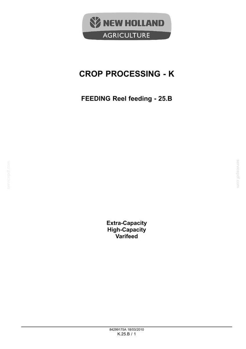 May include: A technical document page from New Holland Agriculture titled CROP PROCESSING - K, FEEDING Reel feeding - 25.B. It includes the text Extra-Capacity, High-Capacity, Varifeed, and the reference number 84299175A 18/03/2010 K.25.B / 1.