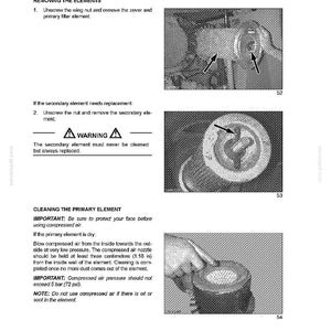 May include: A manual page with instructions on servicing intervals, lubrication, and fluids. It shows how to remove and clean elements, with diagrams and warnings. The text advises using compressed air, holding the nozzle at least 3 cm (1.18 in) away.
