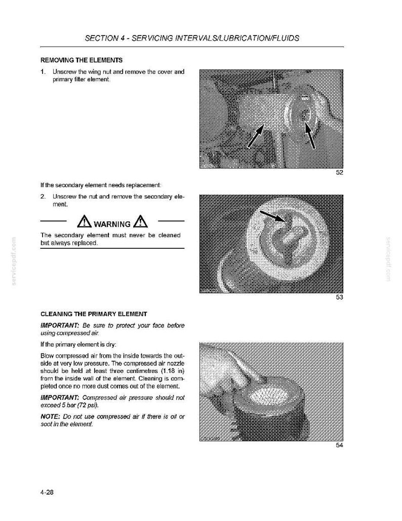 May include: A manual page with instructions on servicing intervals, lubrication, and fluids. It shows how to remove and clean elements, with diagrams and warnings. The text advises using compressed air, holding the nozzle at least 3 cm (1.18 in) away.