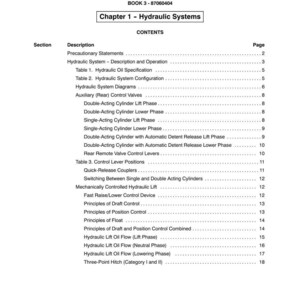 May include: A white page from a manual titled "SECTION 35 - HYDRAULIC SYSTEMS." The page includes a table of contents with sections like "Hydraulic System - Description and Operation" and "Hydraulic Lift Oil Flow (Lift Phase)." The number "15" is at the bottom.