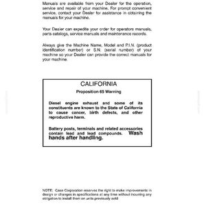 May include: A white page with the text "CASE TECHNICAL MANUALS" at the top. The page contains information about obtaining manuals for machinery operation, service, and repair. A warning about California Proposition 65 is also included.