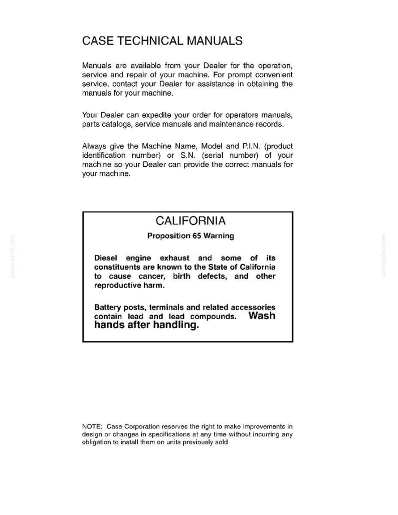 May include: A white page with the text "CASE TECHNICAL MANUALS" at the top. The page contains information about obtaining manuals for machinery operation, service, and repair. A warning about California Proposition 65 is also included.