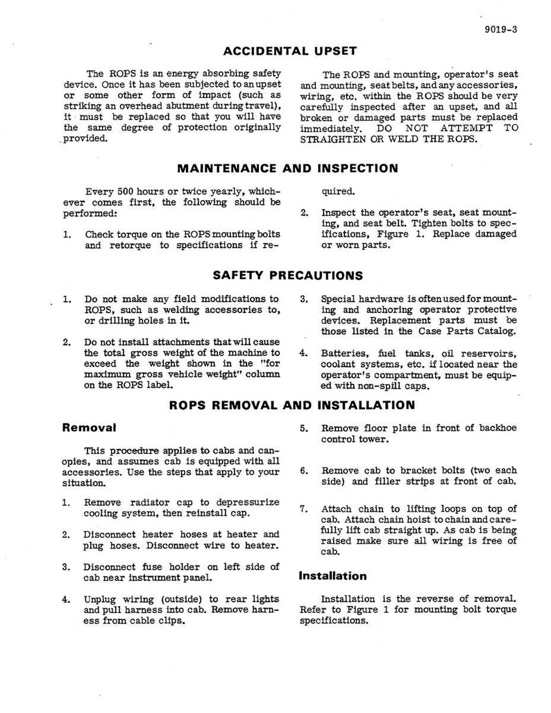 Puede incluir: Una p&aacute;gina impresa con el t&iacute;tulo "ACCIDENTAL UPSET" e instrucciones para el mantenimiento, la inspecci&oacute;n y la extracci&oacute;n de ROPS (Roll-Over Protective Structure). Incluye precauciones de seguridad y pasos de instalaci&oacute;n.