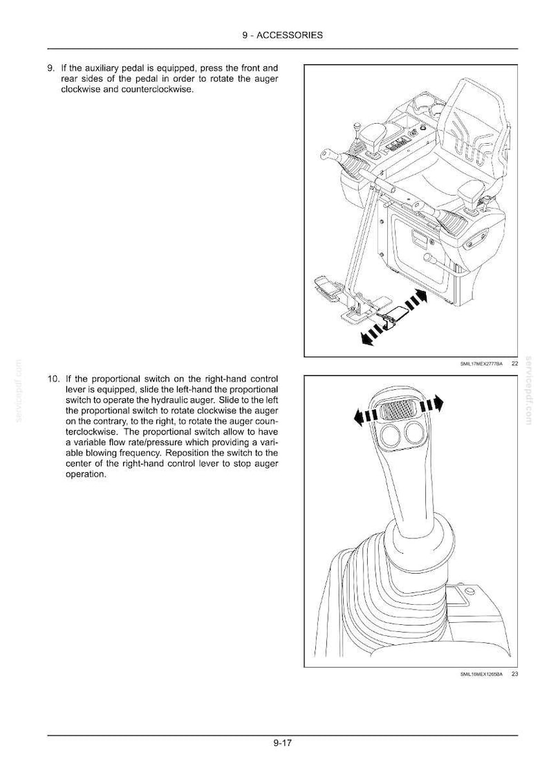 K&ouml;nnte beinhalten: Technische Zeichnung von Steuerungen f&uuml;r Schwermaschinen, einschlie&szlig;lich eines Sitzes, Pedalen und eines Joysticks. Die Illustration verwendet Pfeile, um Betriebsbewegungen anzuzeigen. Der Text oben lautet "9 - ZUBEH&Ouml;R".