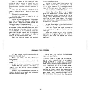 May include: A page from a manual with instructions for storing and removing a loader. The text includes steps for cleaning, lubricating, and preparing the machine for storage, along with safety warnings.