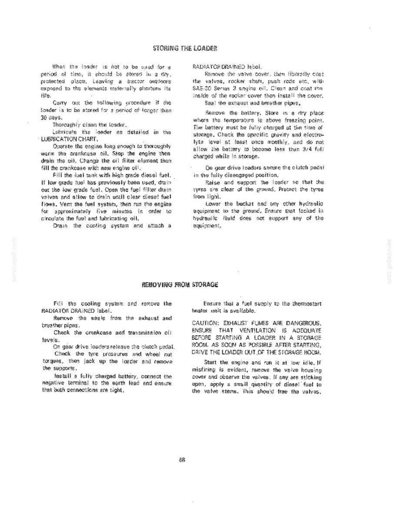 May include: A page from a manual with instructions for storing and removing a loader. The text includes steps for cleaning, lubricating, and preparing the machine for storage, along with safety warnings.