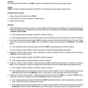 Pu&ograve; includere: Documento tecnico che descrive i codici di errore dei sistemi elettrici. Il documento, intitolato "E0352-03- Sensore velocit&agrave; ventola di pulizia - Cortocircuito ad alta tensione", fornisce i passaggi per la risoluzione dei problemi per un modulo di controllo UCM2.
