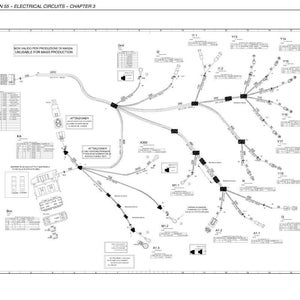 May include: Diagram of an engine wiring system, with lines and symbols representing electrical circuits. The diagram includes text such as "Section 55 - Electrical Circuits - Chapter 3" and "Engine Wiring".