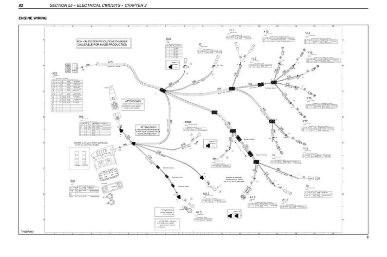 May include: Diagram of an engine wiring system, with lines and symbols representing electrical circuits. The diagram includes text such as "Section 55 - Electrical Circuits - Chapter 3" and "Engine Wiring".