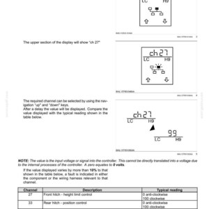 May include: Diagram of an electronic module with instructions for navigation using up, down, and menu keys. Displays channel information and typical readings for various controls, including front hitch and rear hitch.
