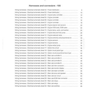 May include: Index page for electrical systems, featuring a detailed list of wiring harnesses and connectors. Includes schematic sheets for power distribution, engine controllers, sensors, and more. Page numbers are listed for each item.