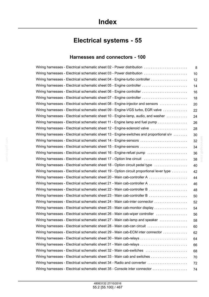 May include: Index page for electrical systems, featuring a detailed list of wiring harnesses and connectors. Includes schematic sheets for power distribution, engine controllers, sensors, and more. Page numbers are listed for each item.