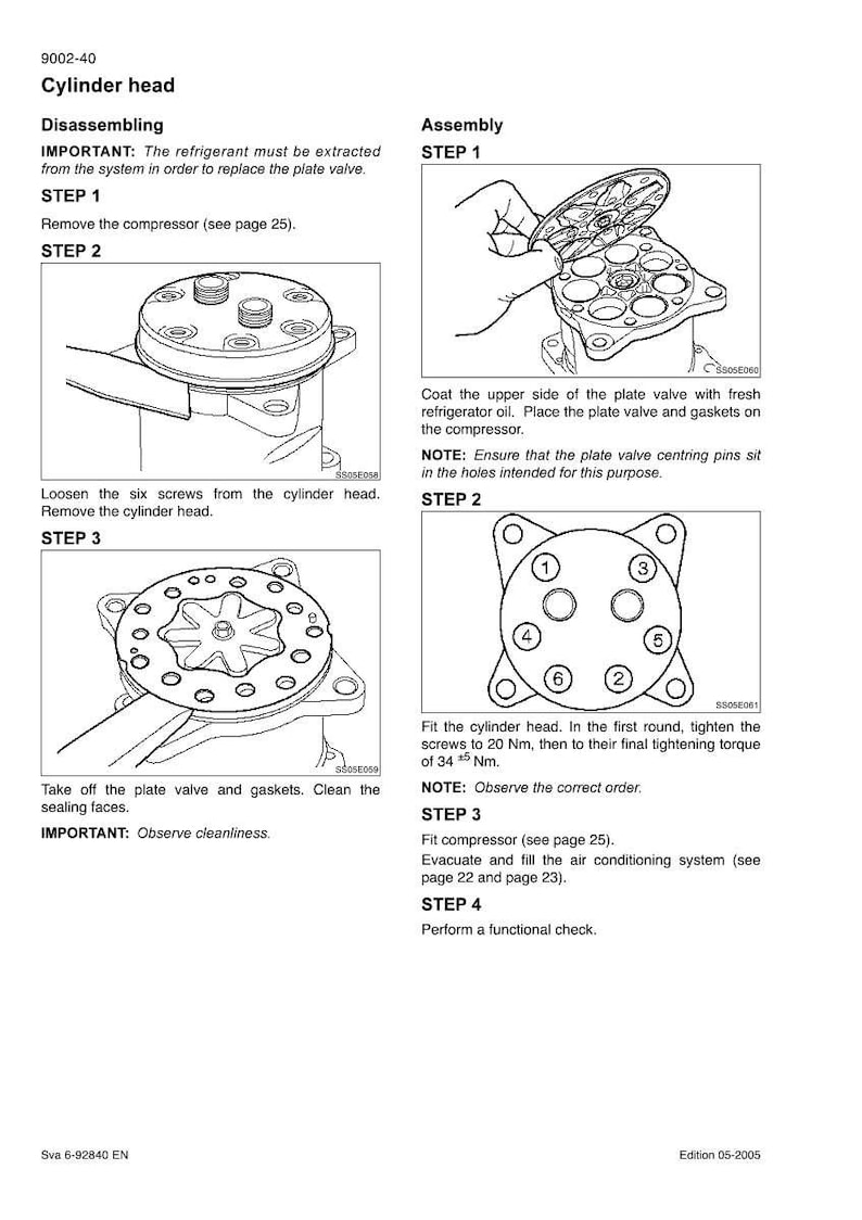 May include: Diagram of a cylinder head disassembly and assembly process. The image includes step-by-step instructions with illustrations, including removing the compressor, loosening screws, and fitting the cylinder head. Text includes "IMPORTANT" notes.