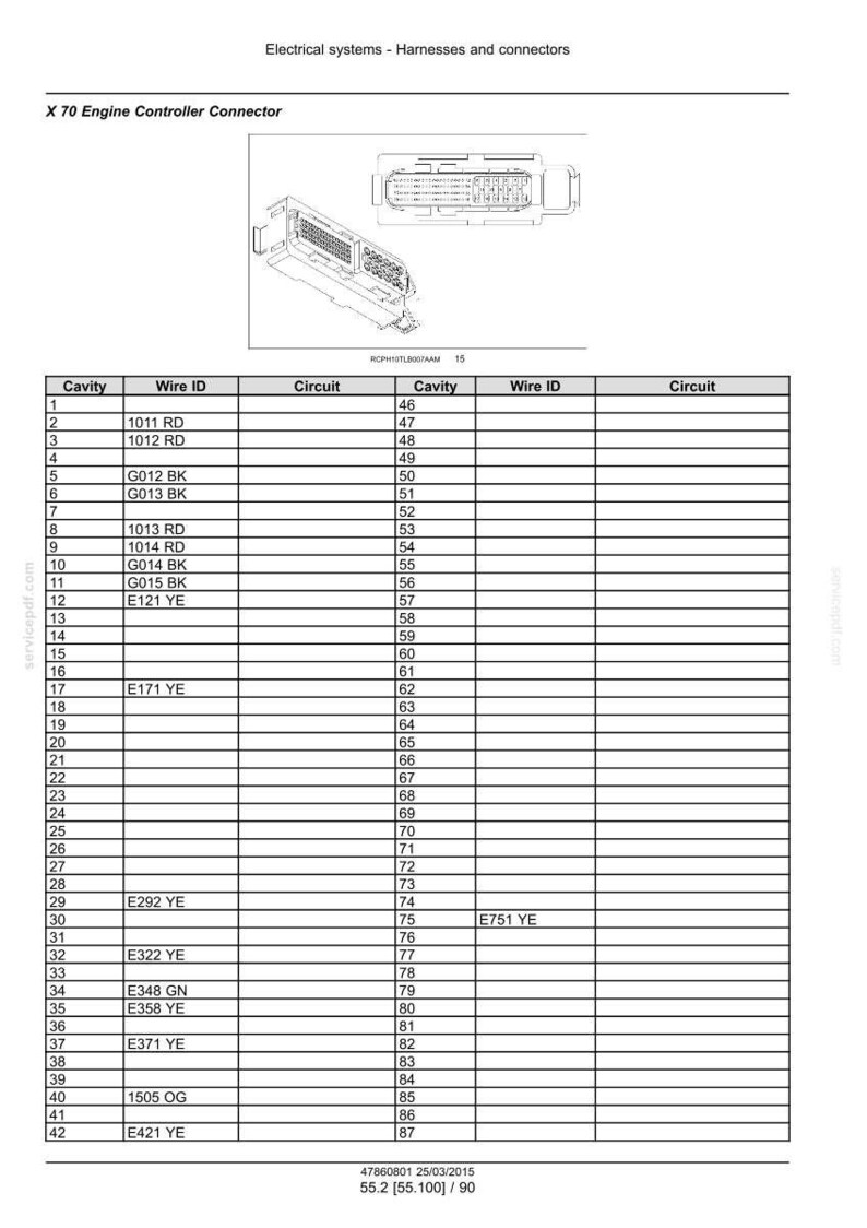 Puede incluir: Diagrama del conector del controlador del motor X 70, que detalla los sistemas el&eacute;ctricos, los mazos de cables y los conectores. Incluye un esquema y una tabla que enumera la informaci&oacute;n de la cavidad, la identificaci&oacute;n del cable y el circuito. Documento fechado el 25 de marzo de 2015.