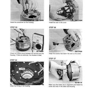 May include: A grayscale image from a manual showing steps for assembling a mechanical component. The steps include installing a condenser, rotor, O-ring, and screws. Text includes "Install the condenser on the housing" and "Install the rotor in the cover."