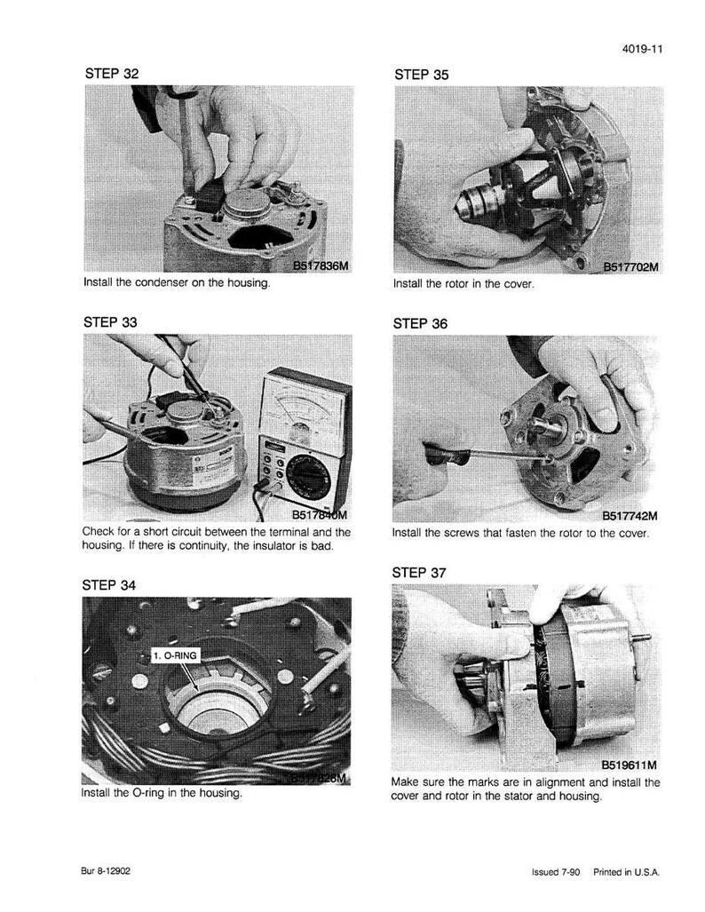 May include: A grayscale image from a manual showing steps for assembling a mechanical component. The steps include installing a condenser, rotor, O-ring, and screws. Text includes "Install the condenser on the housing" and "Install the rotor in the cover."