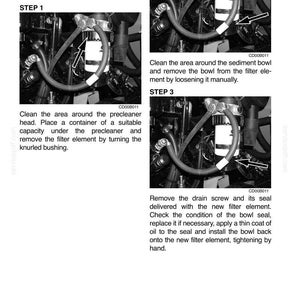 May include: Diagram illustrating the process of replacing a filter element. The image shows steps for cleaning the area, removing the bowl, and installing a new filter element. Text instructions are included, along with arrows pointing to specific parts.