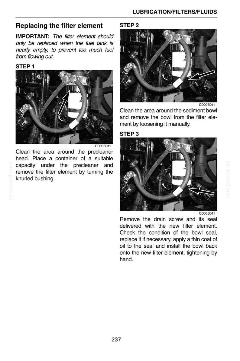 May include: Diagram illustrating the process of replacing a filter element. The image shows steps for cleaning the area, removing the bowl, and installing a new filter element. Text instructions are included, along with arrows pointing to specific parts.