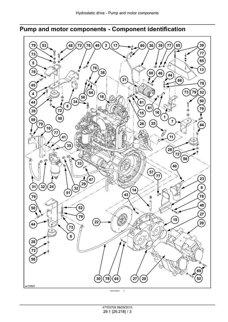 May include: Diagram of pump and motor components, labeled for identification. The image shows various parts, including a motor, pump, and related hardware. Text at the top reads "Hydrostatic drive - Pump and motor components".