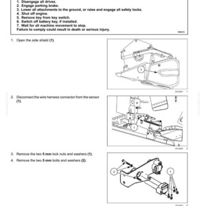 K&ouml;nnte beinhalten: Diagramm der Kabinenkopfsteuerung mit Anweisungen zum Entfernen des H&ouml;henmesssensors. Das Diagramm enth&auml;lt Abbildungen der Komponenten und Schritte, einschlie&szlig;lich des Entfernens von 5 mm Sicherungsmuttern und -schrauben. Sicherheitshinweise sind ebenfalls enthalten.