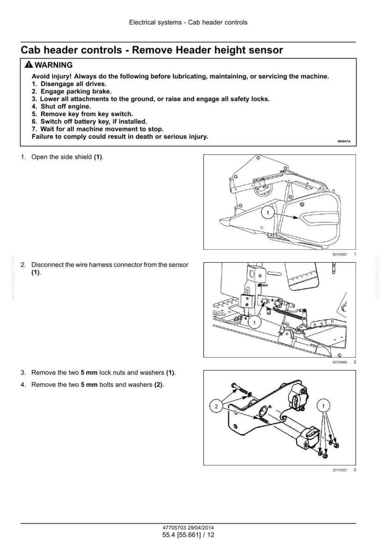 K&ouml;nnte beinhalten: Diagramm der Kabinenkopfsteuerung mit Anweisungen zum Entfernen des H&ouml;henmesssensors. Das Diagramm enth&auml;lt Abbildungen der Komponenten und Schritte, einschlie&szlig;lich des Entfernens von 5 mm Sicherungsmuttern und -schrauben. Sicherheitshinweise sind ebenfalls enthalten.