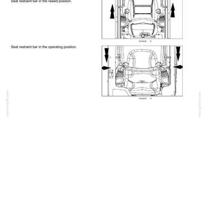 May include: Diagram illustrating the seat restraint bar in a vehicle. The image shows the bar in both the raised and operating positions, with arrows indicating movement. Text provides safety information.